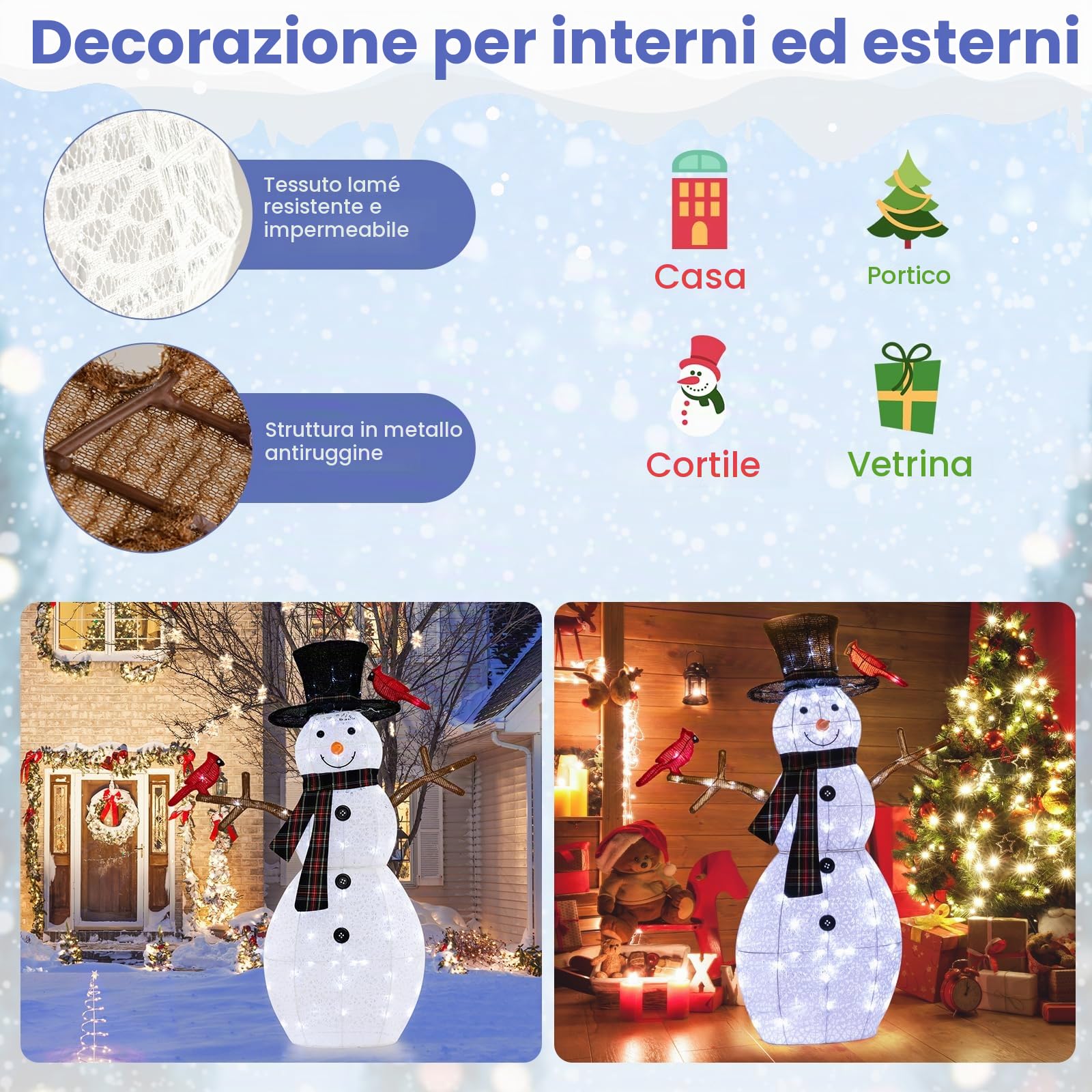 SOARS Decorazioni Natalizie, Pupazzo di Neve 99 X 16 X 127 CM con 70 Luci LED, 2 Uccellini Rossi, Resistente alle Intemperie, Addobbi Natalizi per Esterno & Interno per Salone, Giardino, Cortile