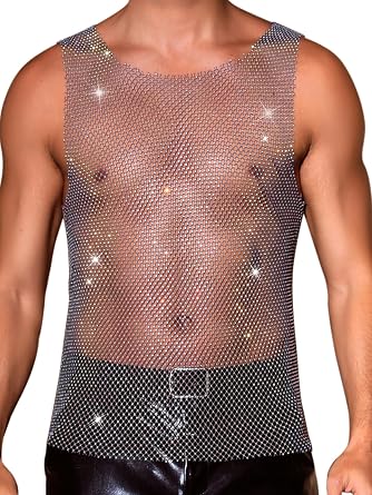 Lars Amadeus Rhinestones Sparkly Tank Top for Mens Shiny Mesh Sleeveless Tee Shirt Rave Sheer Metallic Vest