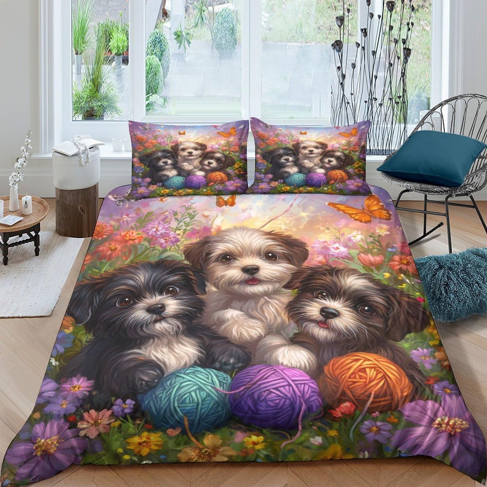 Ctjqhvkz Style-4 3D Printed Cute Puppy Fitted Sheet Microfiber Colourful Yarn Floral Bed Cover Bedroom Dorm Decor Single（135X200cm）