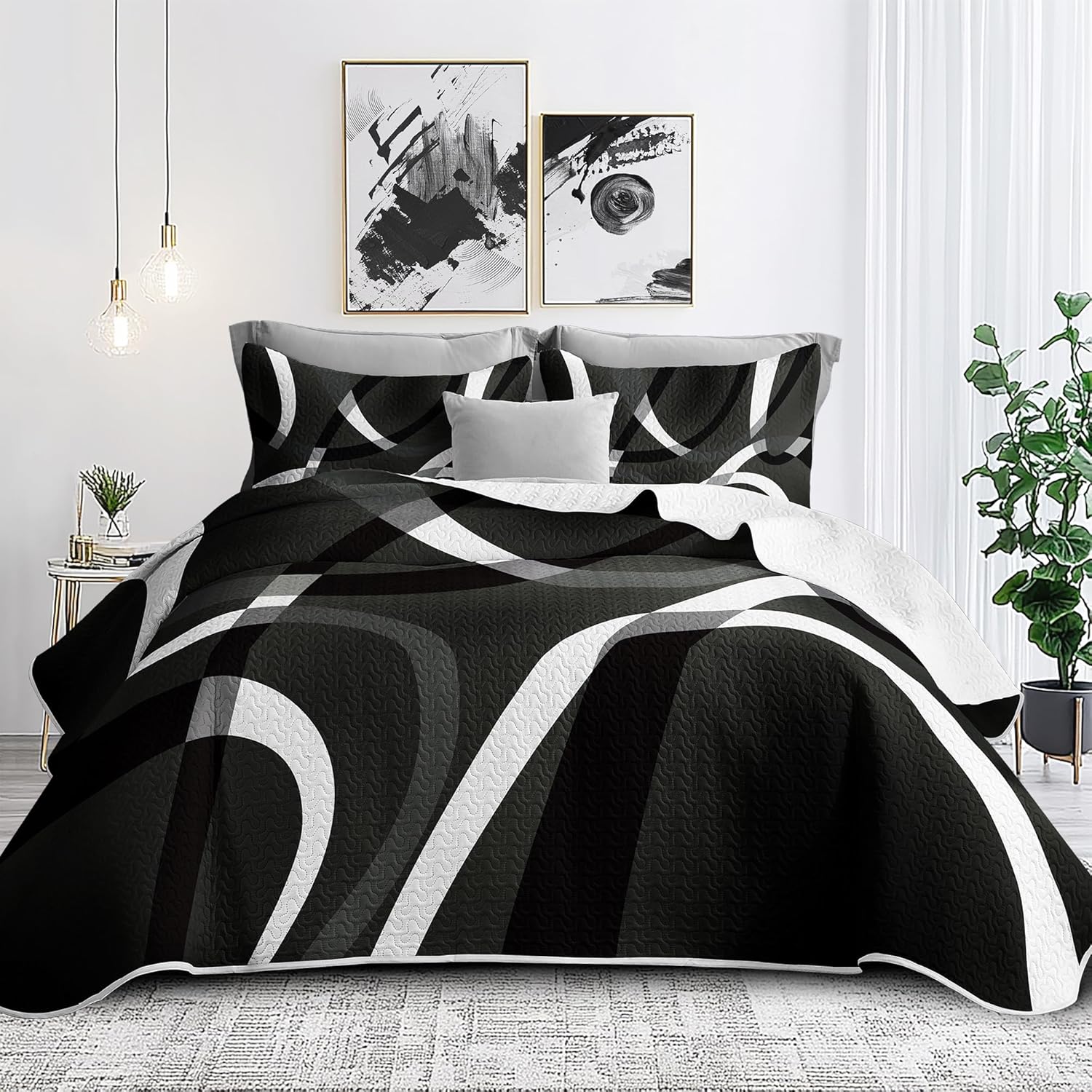 weesire Black and White Bedding Quilt King Size with 2 Shams, Modern Stripe Comforter Sets Classic Line Pattern Bedspreads Grey and White Coverlet, 96''x106''