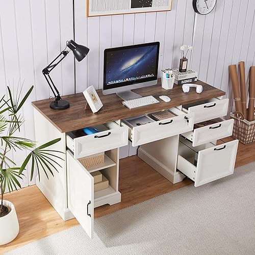 Miniatura 7 de Escritorio ejecutivo de granja de 60 pulgadas con cerradura, escritorio de oficina en casa con estación de carga, escritorio ejecutivo con 4