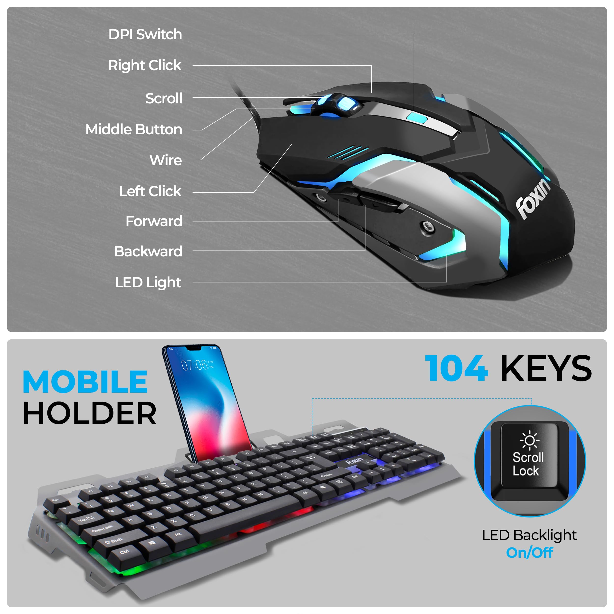 FOXIN Thunder Gaming Keyboard and Mouse Combo | Rainbow Backlit Membrane Keyboard (104 Keys) with Phone Holder | 3600 DPI | 6 Button Mouse | Metal Body | Wired Gaming Combo for PC & Laptop Product Image 5