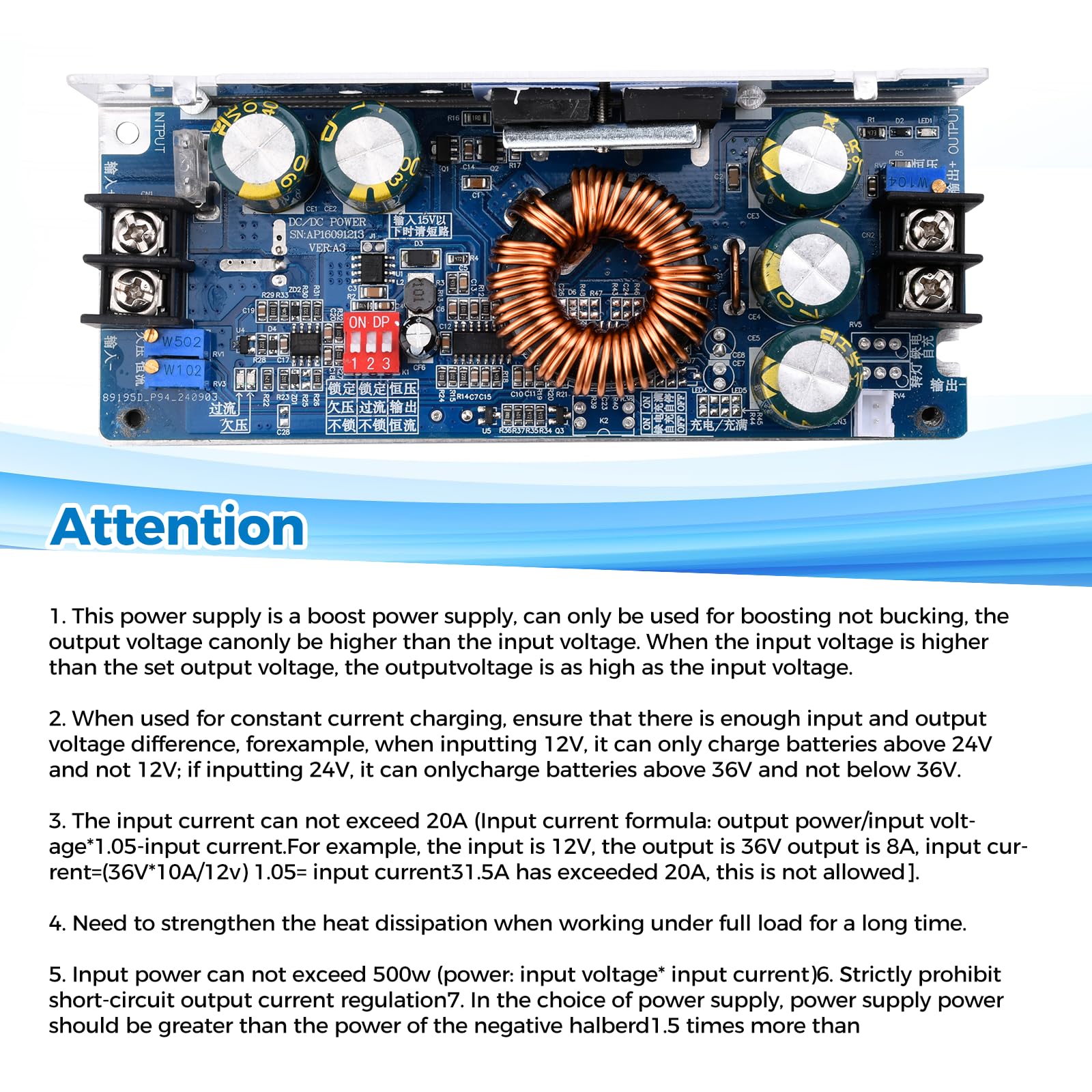 Heemol 500W DC-DC Boost Converter Modul, 10.5-60V zu 12-80V Einstellbar CC/CV, 20A Konstantstrom mit Verpolungsschutz und Temperaturregelung.