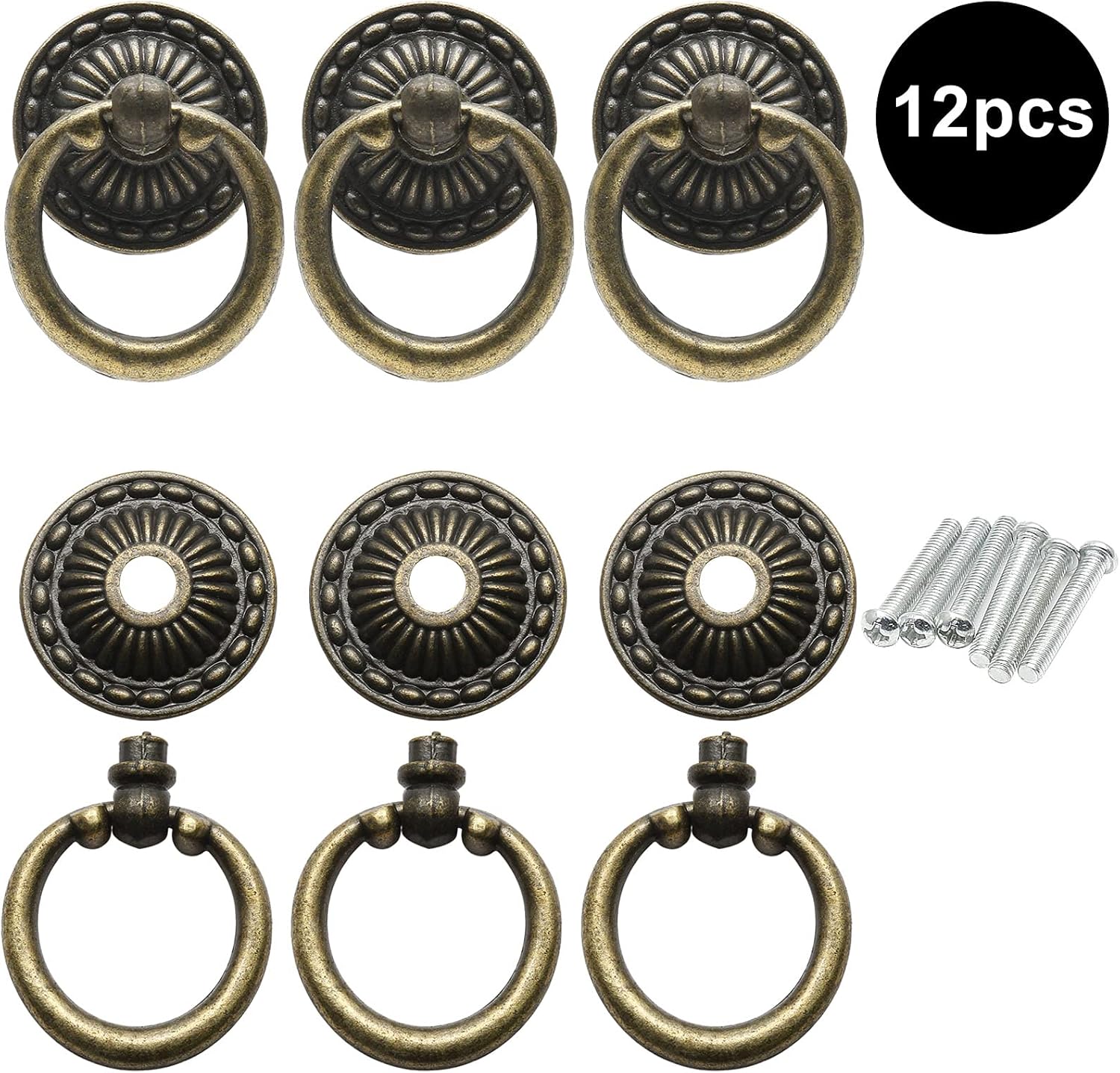 Murtenze 12 Pieces Antique Bronze Drawer Ring Pulls, Vintage Decorative Handles, Single Hole Knobs with Screws for Furniture Cabinet Cupboard Dresser Wooden Case Box