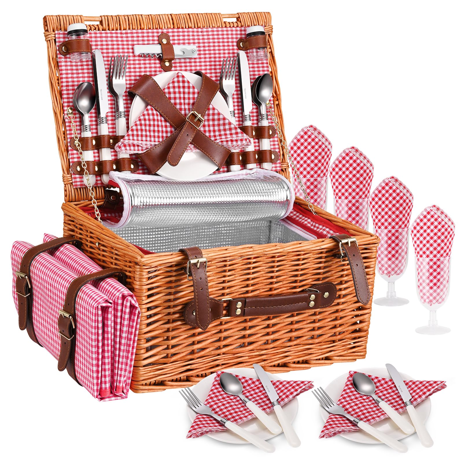 Juego de Cestas de Picnic de Mimbre para 4 Personas, con Compartimento Refrigerante, Manta Impermeable, Platos, Vasos, Cubiertos, para Acampada, Excursiones (Rojo, Hebillas de Cuero)