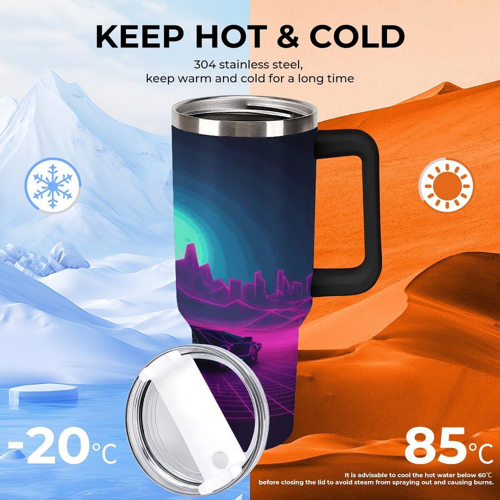 Retrowave Pictures - Tazas con popote y asa, taza de café con aislamiento al vacío de doble pared, botellas de agua para café helado, té, bebida caliente y fría
