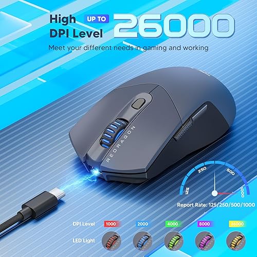 Miniatura 5 de Redragon Ratón inalámbrico para juegos, ultraligero de 26 K DPI para juegos, mouse Bluetooth de tres modos ergonómico con agarre natural, botones