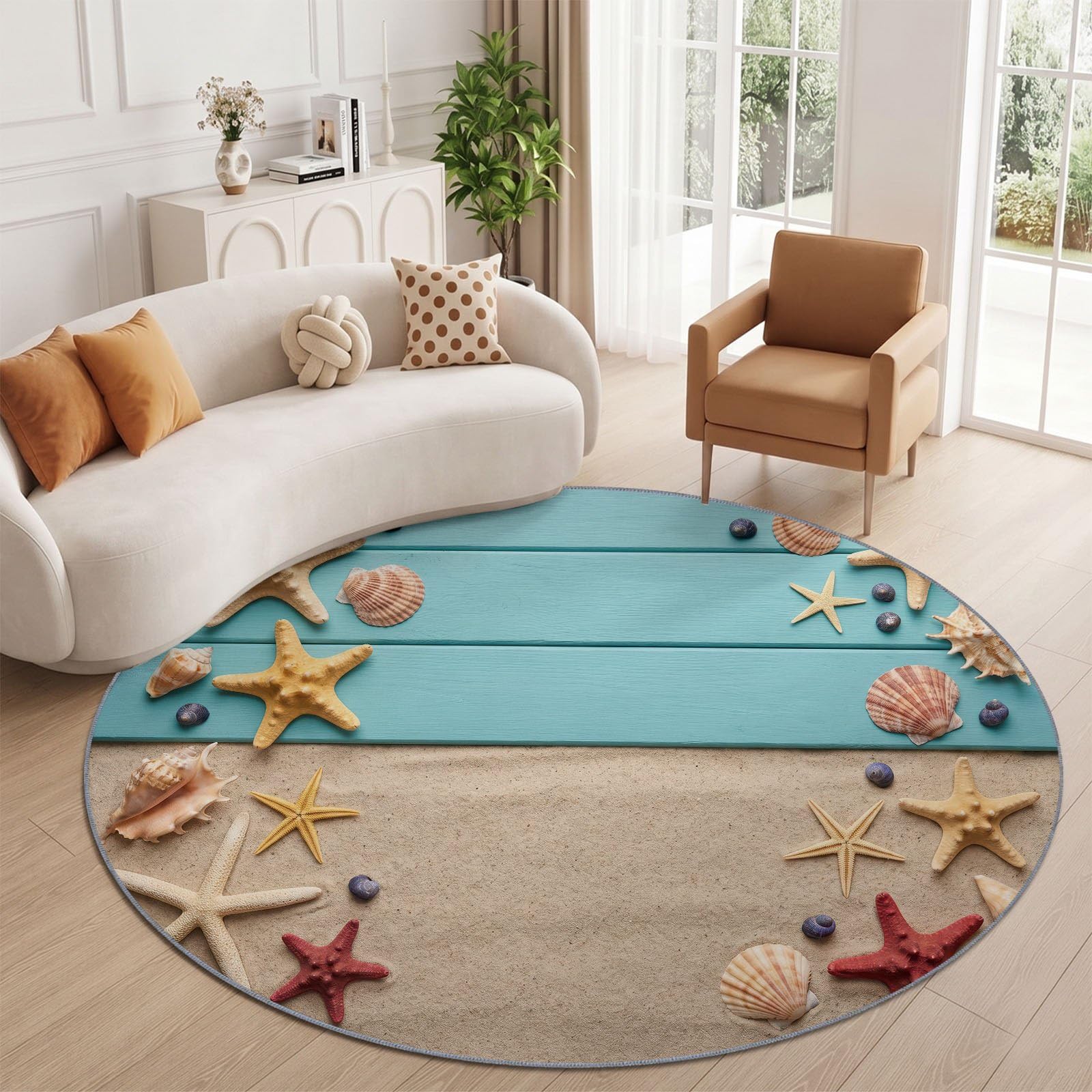 Tapis Rond Cotier Tropical 120 cm, Etoiles De Mer Coquillages Plage Lavable en Machine pour Salon, Bleu Antidérapant, Poil Court Tapis Rond Imprimé pour Chambre d’Enfant Nurserie