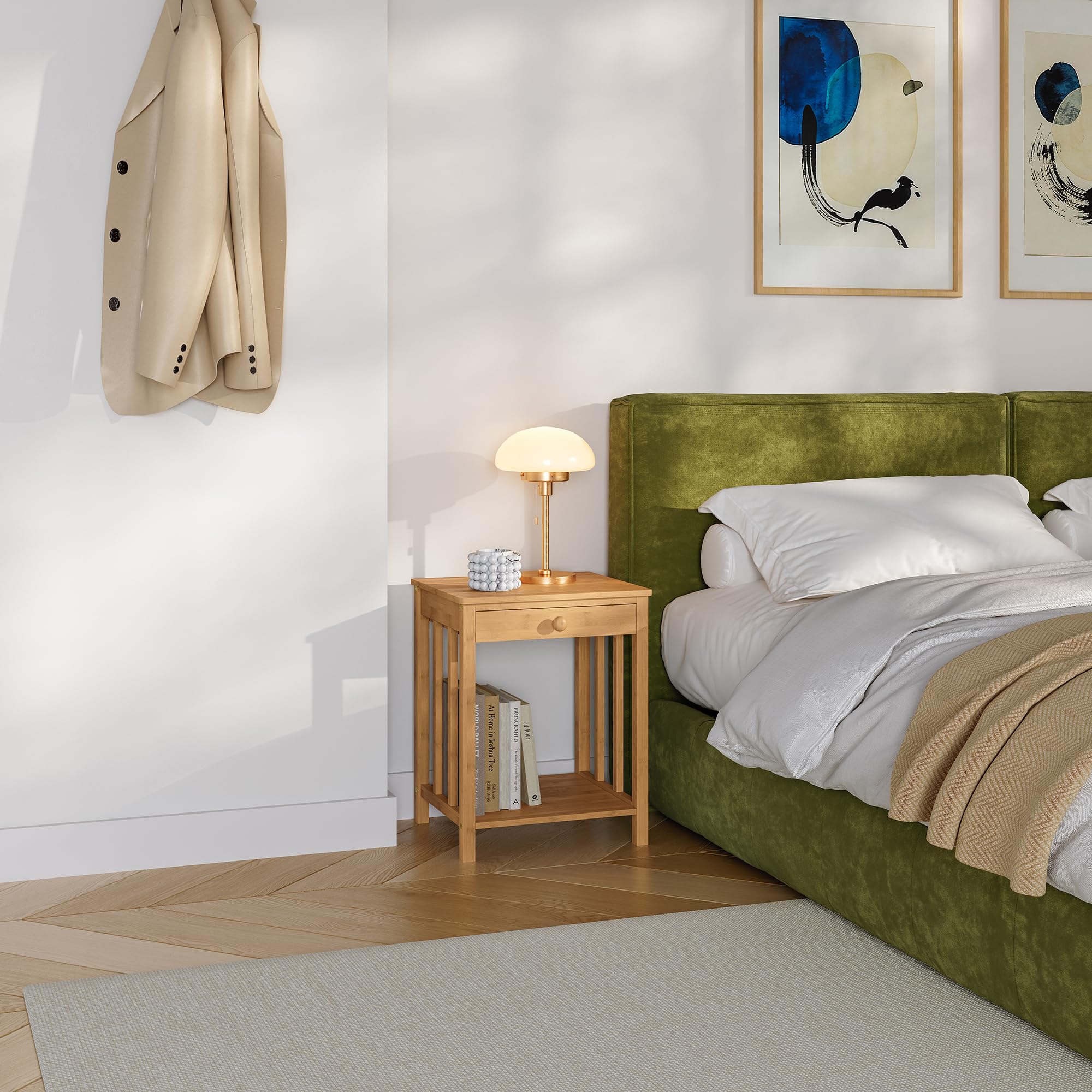 [en.casa] Juego de 2 Mesitas de Noche Ranua Rectangulares Set de 2 Mesas Auxiliares para Salón con Cajón Estante Muebles de Oficina Montaje Rápido Bambú 51 x 40 x 35 cm - Natural