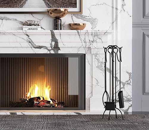 Miniatura 8 de Fire Beauty Juego de herramientas para chimenea de 5 piezas, juego de herramientas de hierro forjado resistente, color negro