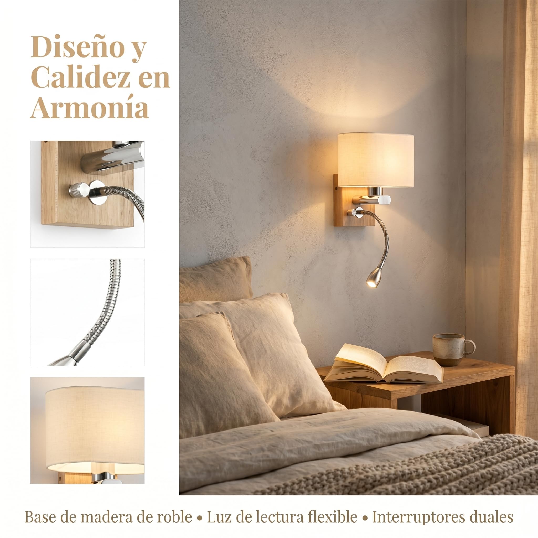 Barcelona LED Wandleuchte „Arti“ mit LED Leselicht 3W, Flexarm, E27 Fassung, Holz & Opalglas, Warmweiß 2700K, Moderne Nordische Bettlampe für Schlafzimmer, Hotel Leseecke