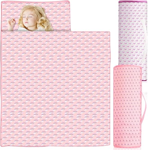 Buryeah Paquete de 2 alfombrillas para siesta para niñas pequeñas con almohada y manta para preescolar, jardín de infantes, guardería, saco de