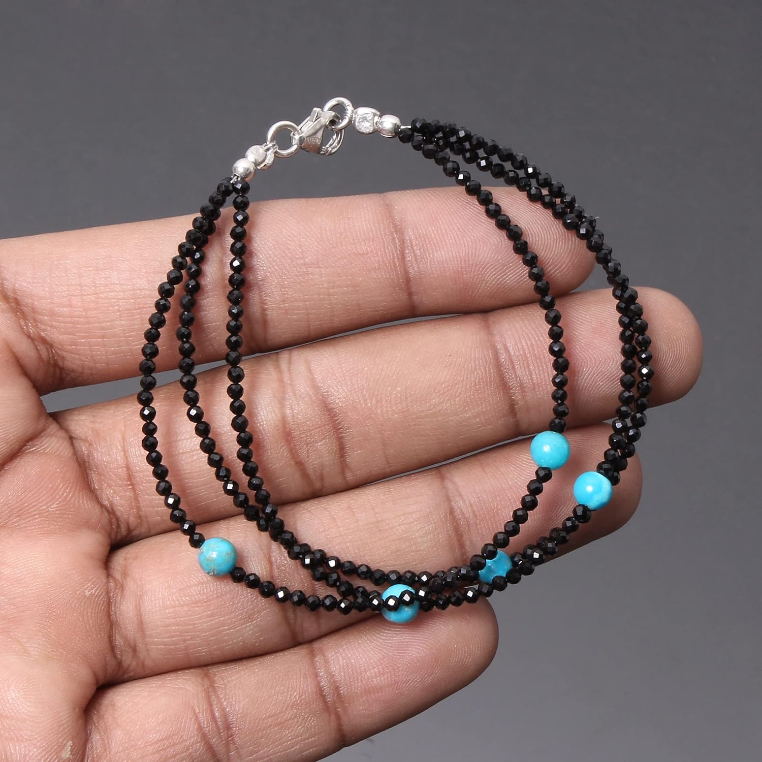 A&M GEMS & JEWELS Natural Black Spinel Faceted And Turquoise Smooth Round Silver Clasp Handmade Healing Beaded Bracelet Jewelry