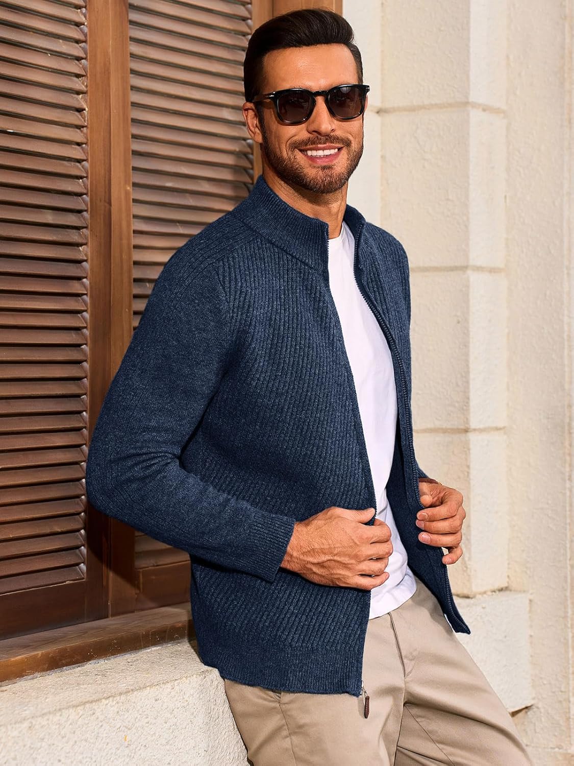 Runcati Mens Full Zip Cardigan Sweater Casual Slim Fit Knit Sweaters Stand Collar Fall Winter Ribbed Cardigan - Image 3