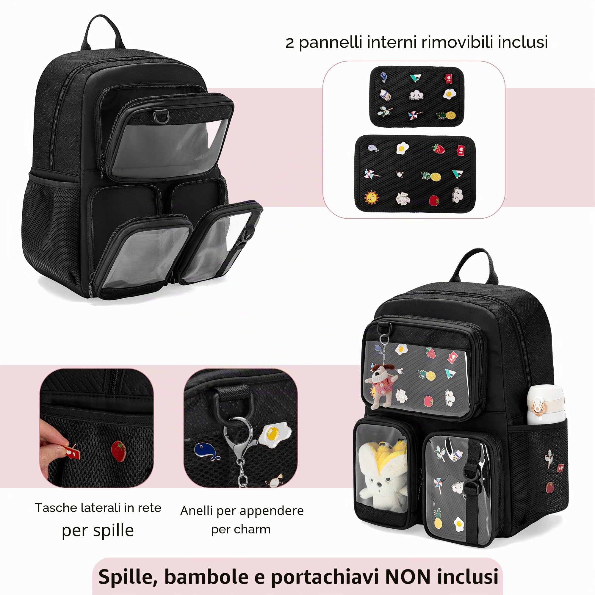 Zaino Ita Bag Kawaii con Pannello Espositivo per Spille, Nero | 2 Inserti Rimovibili, Scomparto per Laptop da 15,6", per Collezionisti di Spille/Comic Con, Solo Borsa Vuota