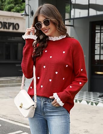 Heart Lace Sweater for Women Cute Fall Pullover Trendy Valentine Sweaters Long Sleeve Casual Knit Jumper Top