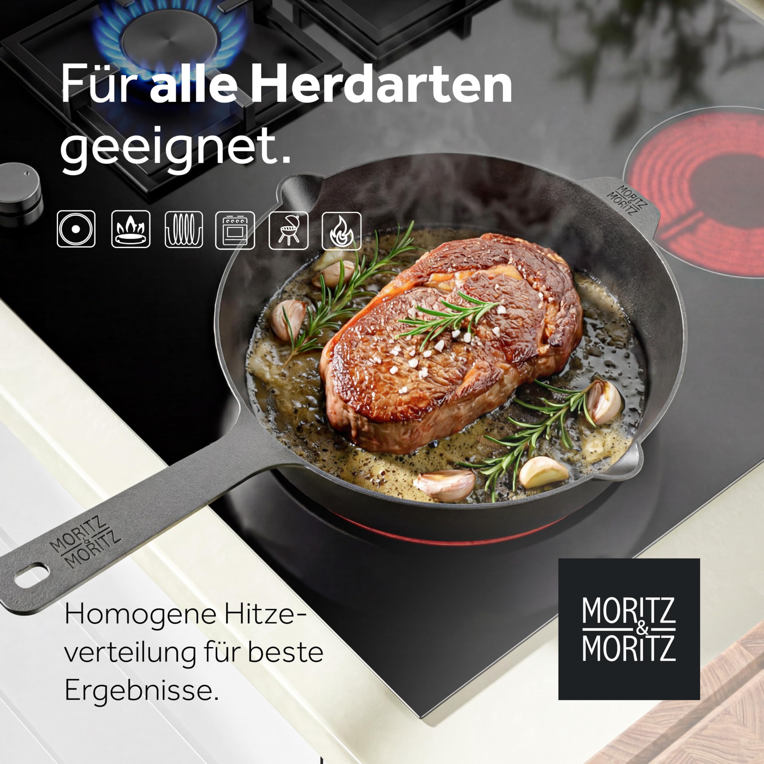 Moritz & Moritz Gusseisenpfanne Induktion 28 cm - Voreingebrannte Antihaft Pfanne Gusseisen Induktion für alle Herdarten, Ofen & Grill geeignet - Inkl. Pfannenwender - Cast Iron Pan Induction