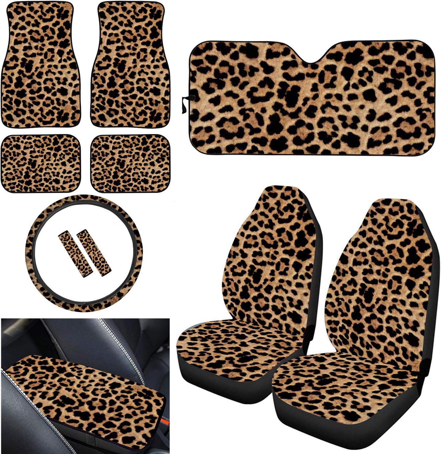 FUIBENG Animal Leopard/Cheetah Skin Print Chic Car Accessories for Women, Car Seat Covers, Foot Mats, Windshield Sunshade, Steering Wheel Cover, Armrest Pad, Seat Belt Pads Universal 11 Pcs Set
