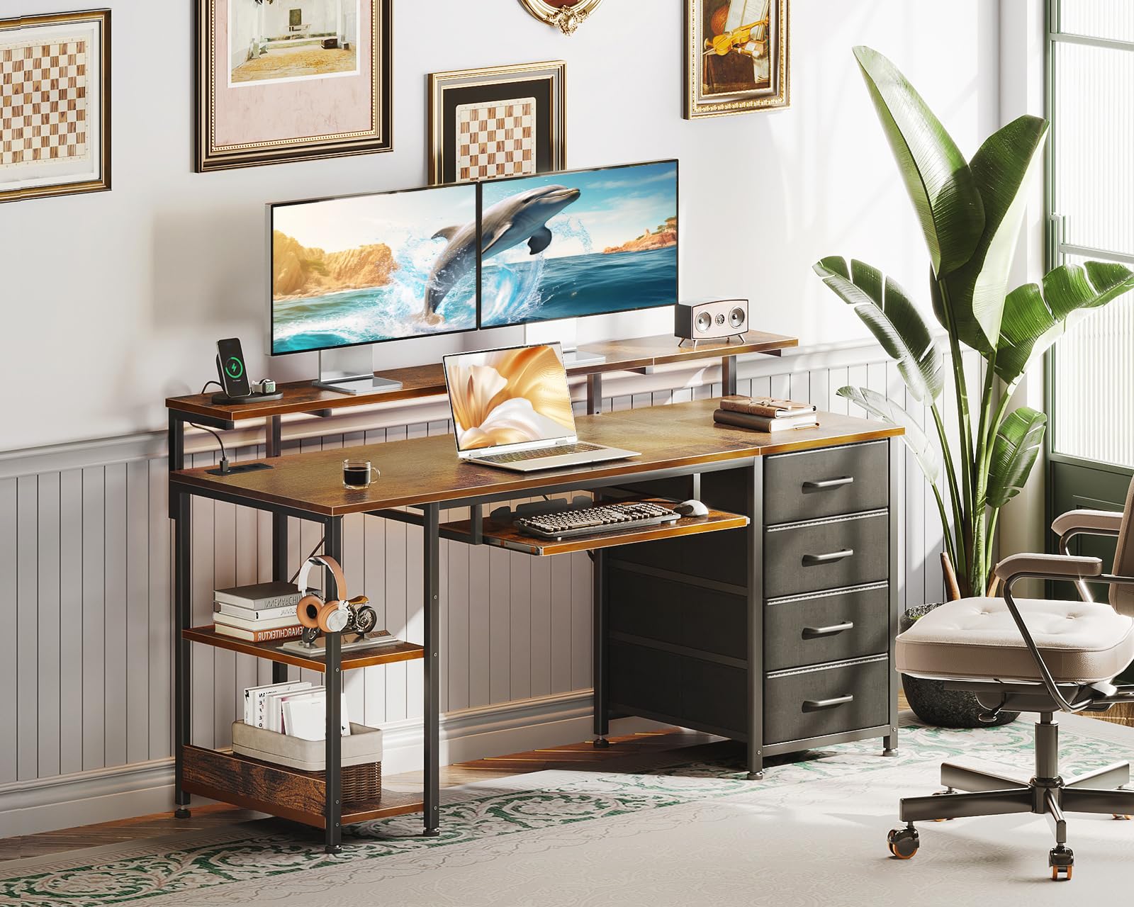 Scrivania PC Mobile Con Ruote E Freni – Tavolo A Forma Di Z Con Estraibile Per Tastiera, 60x48 Cm, Per Casa E Ufficio