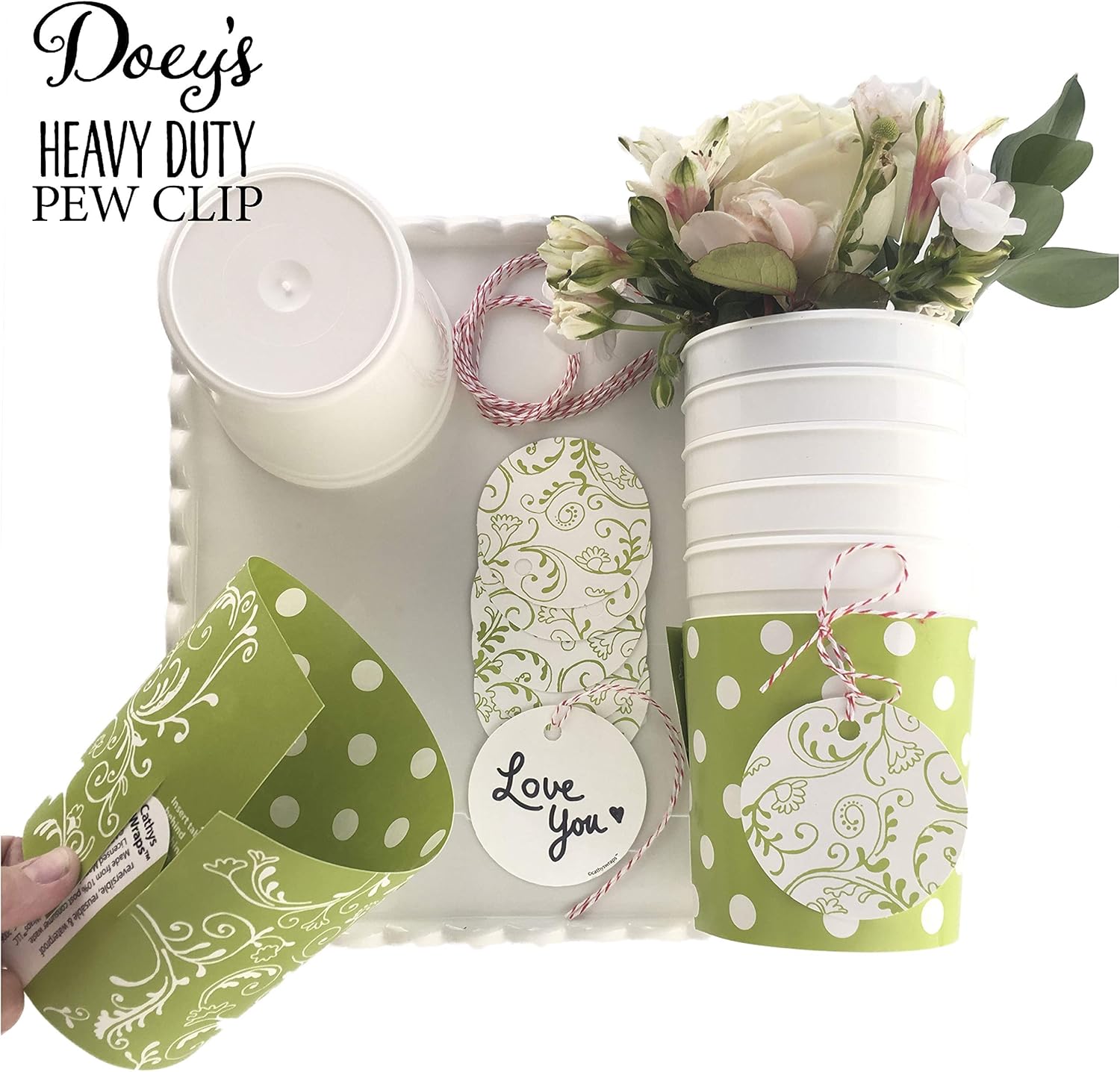 Doey's Church Pew Clip & Flower Vase Made in USA Double as Wedding Ceremony & Reception Decorations (6-Pack) Secure Fresh Floral Arrangements to Pew End, Bench, Chair. Reuse Flowers on Tables