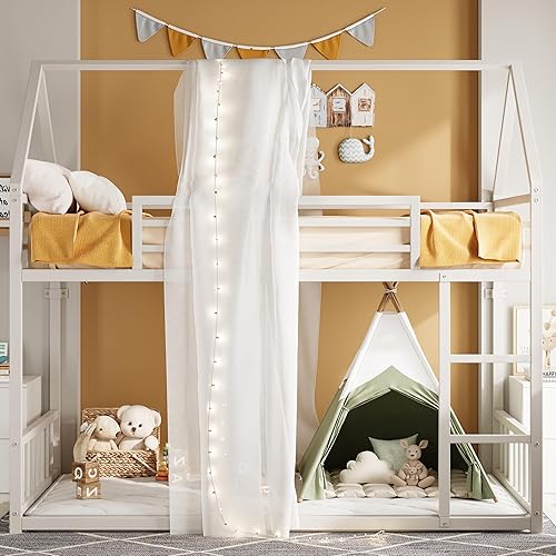 Miniatura 8 de LIKIMIO - Litera de tamaño individual sobre individual, estructura de cama litera con escalera y barandilla, en forma de casa con listones de metal