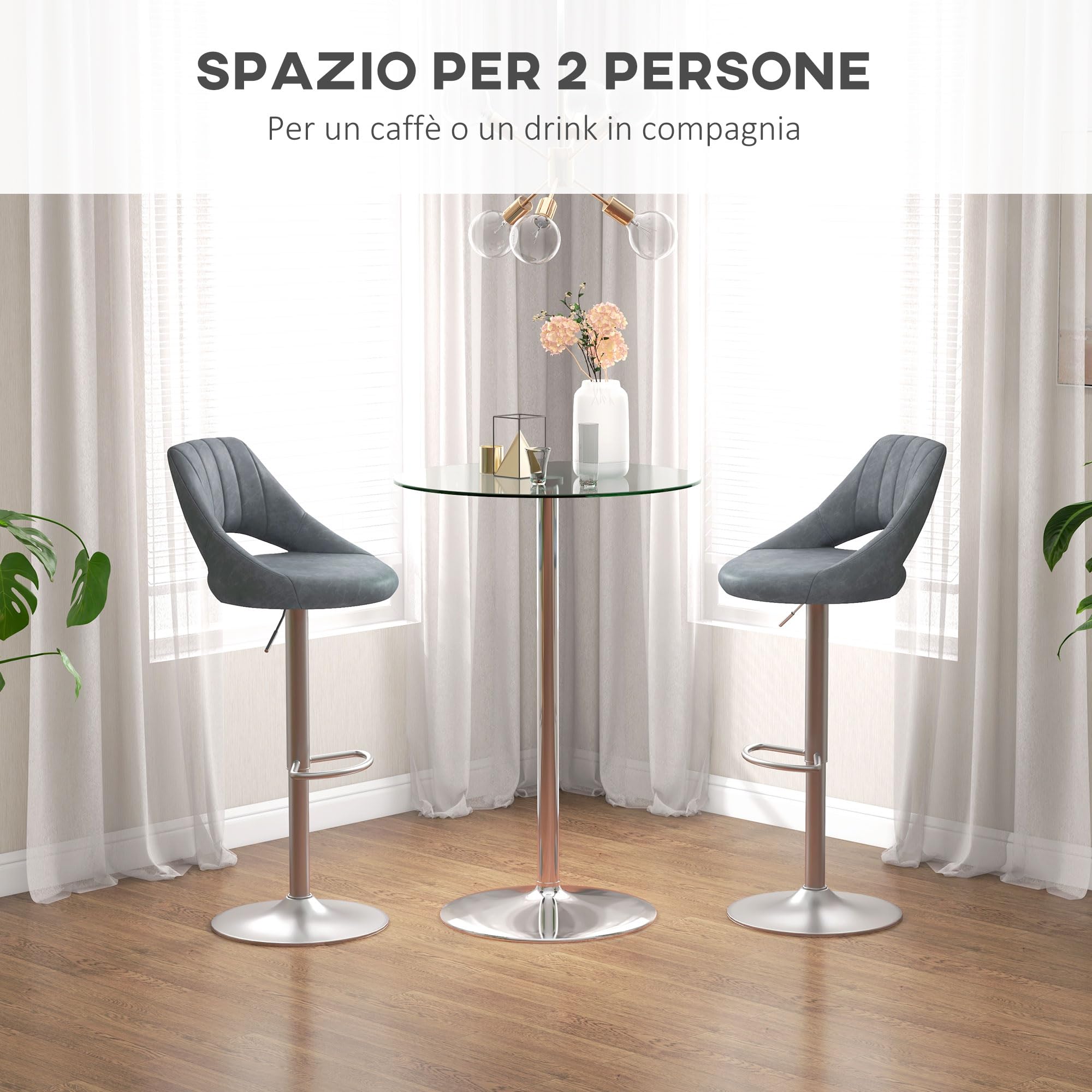 HOMCOM Tavolo da Bar Alto Moderno in Vetro, Tavolo Salvaspazio da Cucina Rotondo con Base in Acciaio per 2 Persone, Ø70x102cm, Trasparente