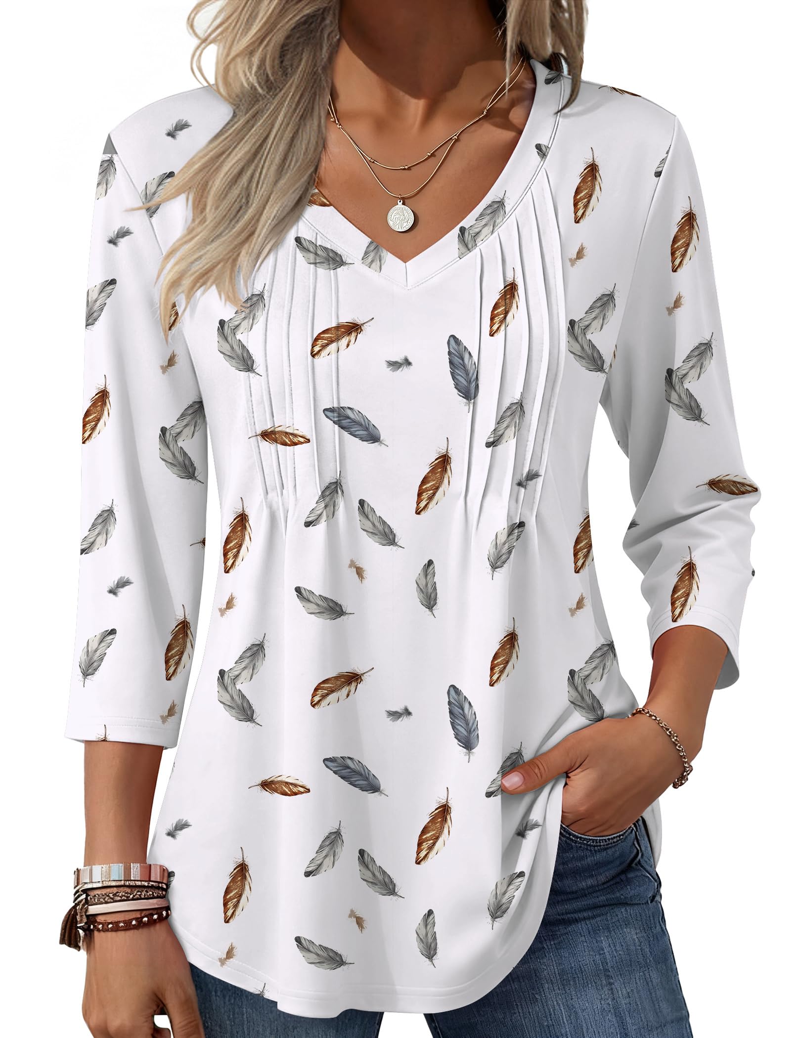 Zeagoo Ladies Tops and Blouses Dressy Casual 3/4 Sleeve Shirts Fall Outfits Pleated Winter Clothes