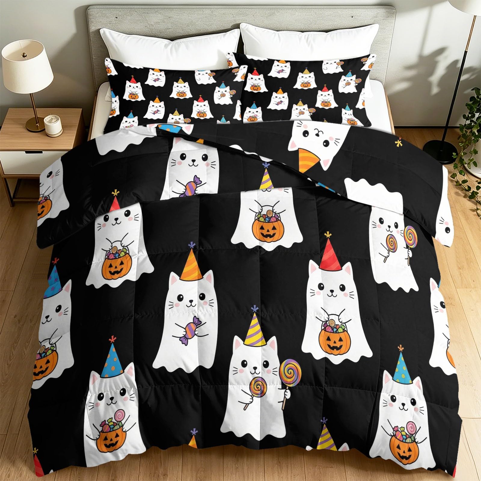 Kołdra na Halloween bez poszewki 135 x 200 cm, na 4 pory roku, nadaje się do prania, kremowa, lekka, przyjazna dla skóry, kota, kota, ducha, dynia, lampion, wiadro, miękka, ciepła kołdra całoroczna