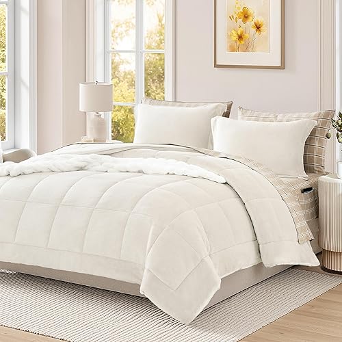 Juego de edredón de felpa tamaño Queen, color blanco crema, juego de edredón de franela de terciopelo de 7 piezas en una bolsa, juego de ropa de