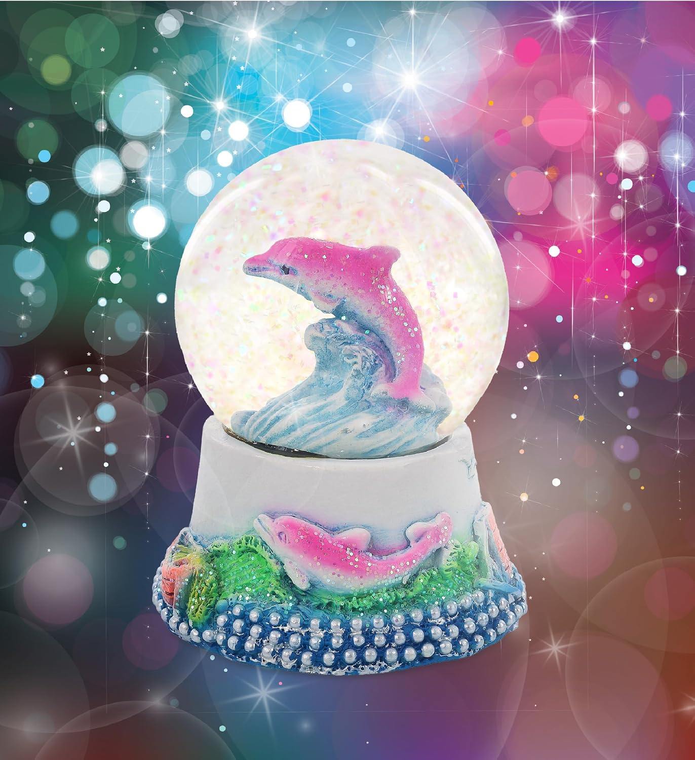 CoTa Global Dolphin Neon Snow Globe Decor - Elegant Pink Sparkle Glitter Inside The Snow Globe Figure, Animal Figurines for Kids and Adults, Collectible Snow Globes for Birthday, Christmas - 45 mm