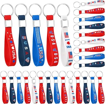 100 Pcs 4th of July Party Favors Bulk 250th Anniversary Key Chain American Flag Keychain Red White Blue Rubber Silicone Keychains for Independence Day Party Accessories Gifts Star Stripe Souvenir