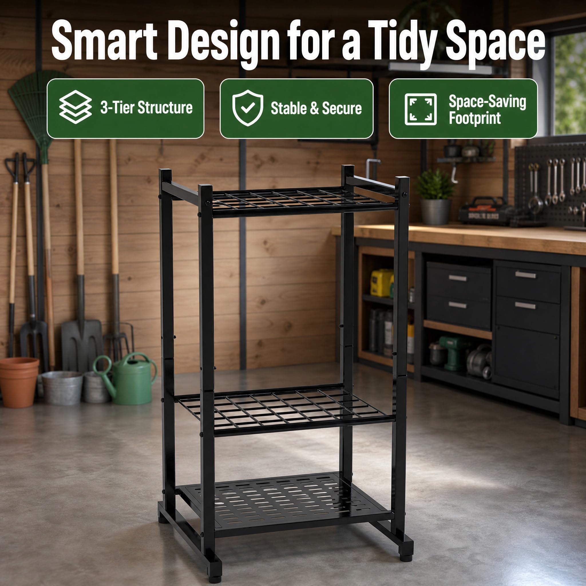 Supporto stabile per attrezzi da giardino, per fino a 35 attrezzi, robusto, nero, compatto, per garage, capanno da giardino, 43 x 30 x 74 cm