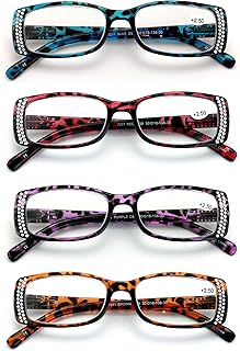 V.W.E. 4 Pairs of Women Rectangular Rhinestones Reading Glasses - Fashion Leopard Clear Lens Readers Demi Tortoise (4 Assorted, 1.75)