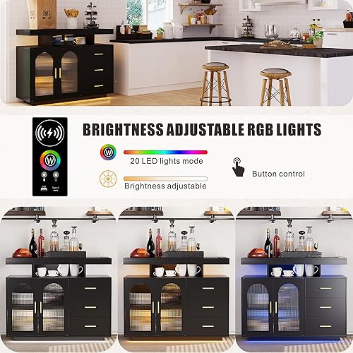 Miniatura 4 de HWB Gabinete de barra de café LED RGB Gabinete de almacenamiento de cocina y aparador de buffet - Mesa de café de madera con capacidad de estante