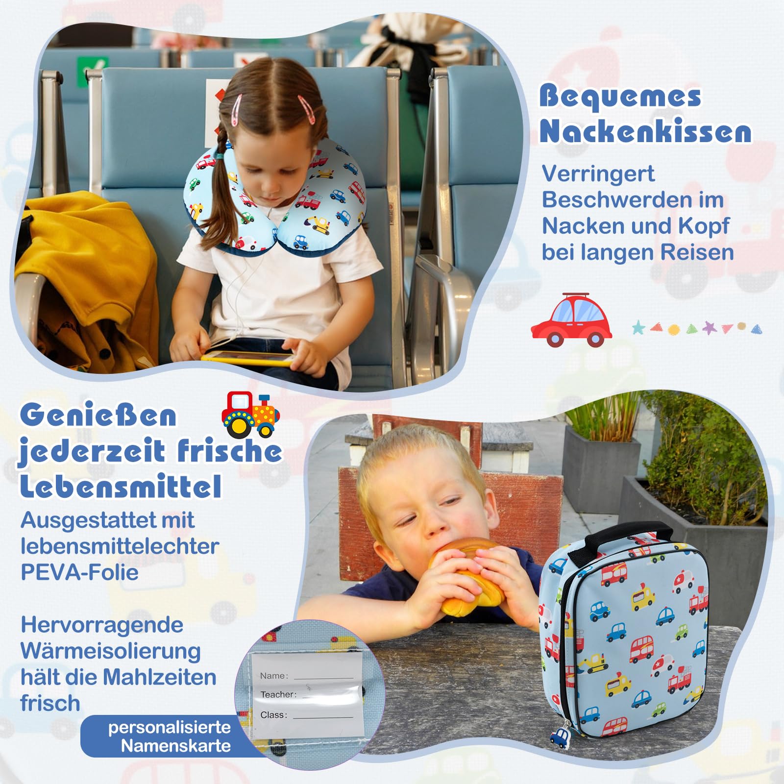 COSTWAY 5-częściowa walizka dziecięca + plecak, wózek dziecięcy z pudełkiem na lunch, zawieszka do bagażu i poduszka na kark, bagaż dziecięcy z kółkami, bagaż podręczny, walizka podróżna z twardą
