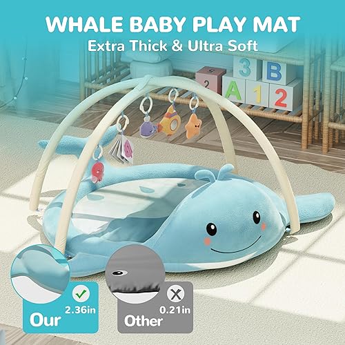 Miniatura 8 de Tapete de juego para bebé, tapete de ballena con juguetes, gimnasio de actividades para bebés de 0 a 12 meses, tapete sensorial 100% algodón para