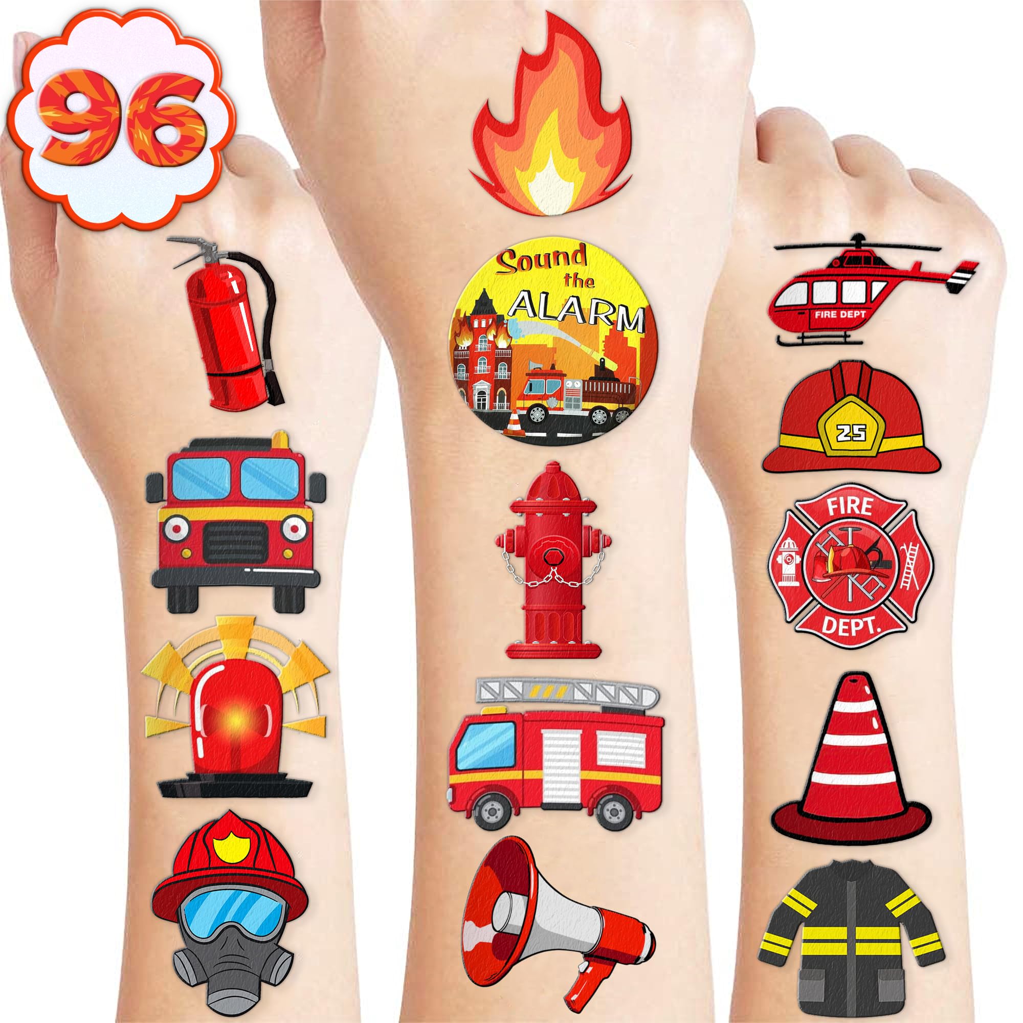 100 PCS Firetruck Temporary Tattoos for Kids - Firefighter Theme Birthday Party Supplies, Firehouse Stickers Favors & Decorations for Boys Girls