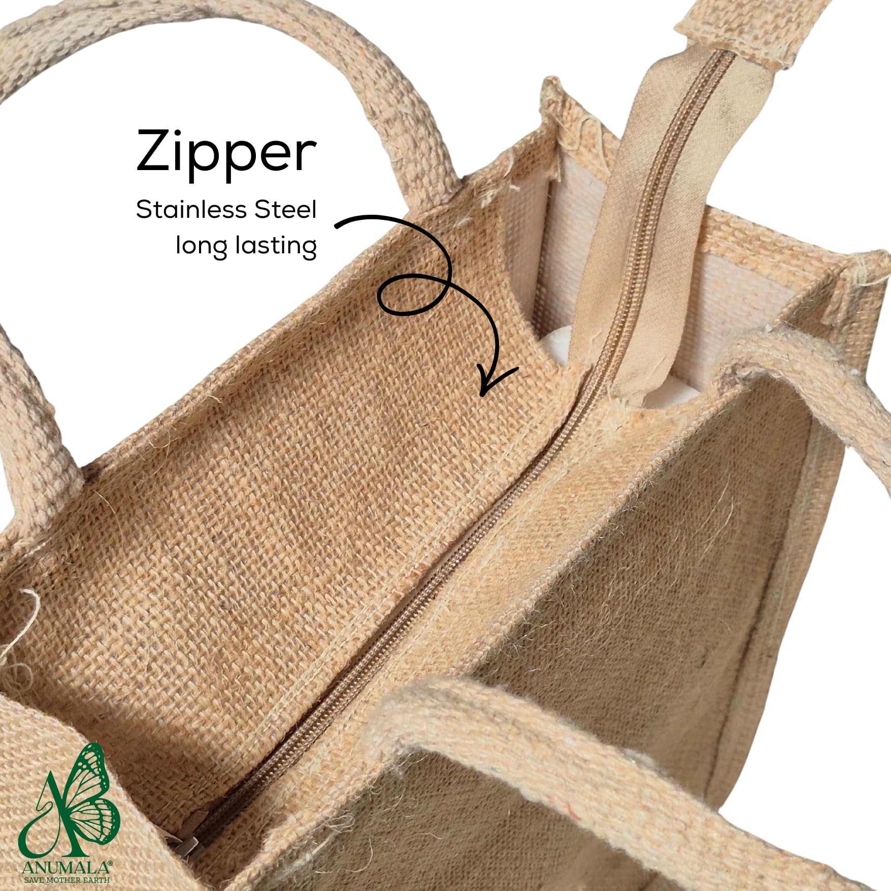 Anumala® Plain Jute Bag with Zipper | Laminated Inside | Eco-Friendly Reusable Grocery & Lunch Bag | 10 x 11 Inch | Natural Brown | 5 Kg Capacity 3