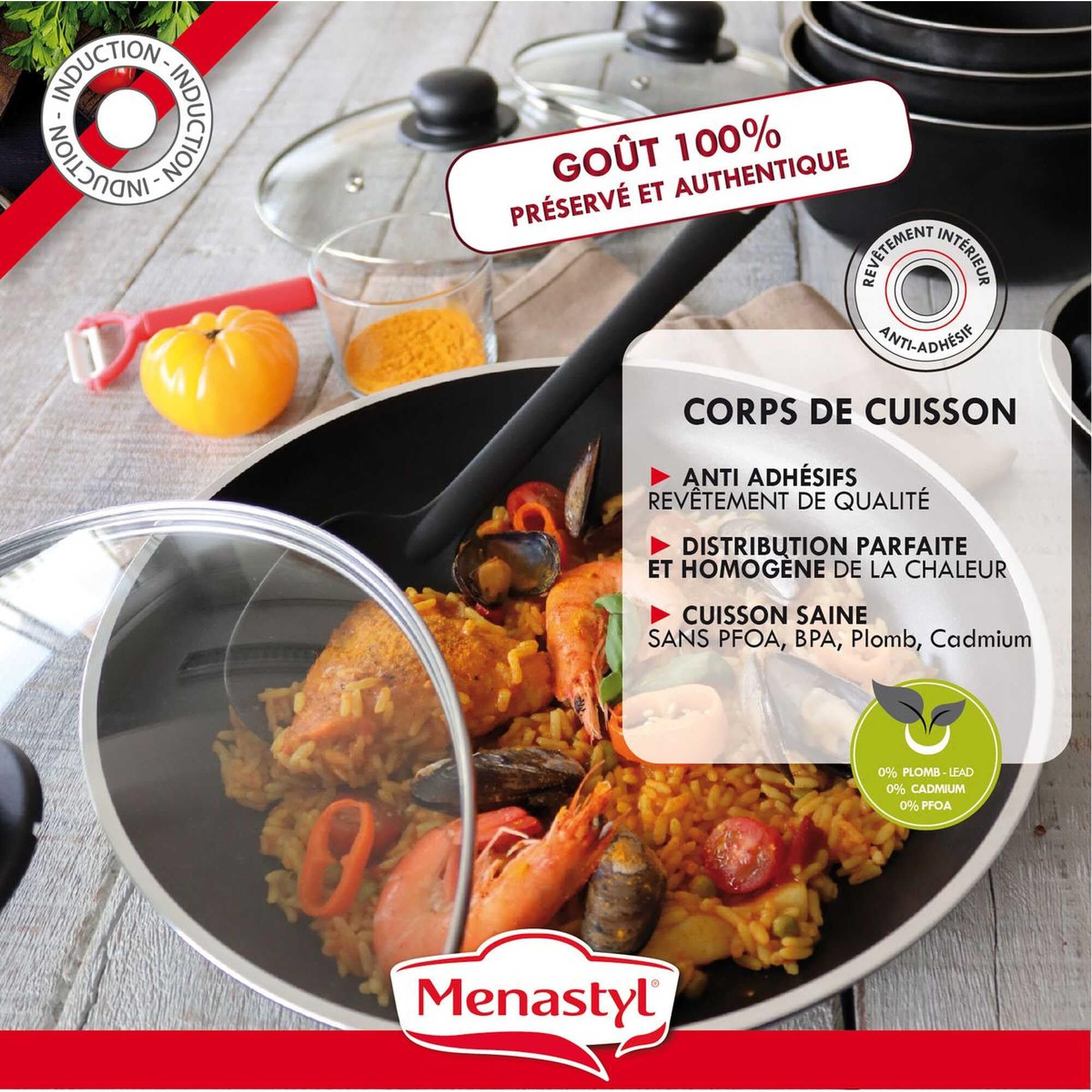 MENASTYL - Batterie de cuisine amovible 5 pièces Iris en aluminium noir antiadhésive - Compatible tous feux dont induction et lave-vaisselle - 2 casseroles + 2 poêles + 1 poignée amovible - 6020437