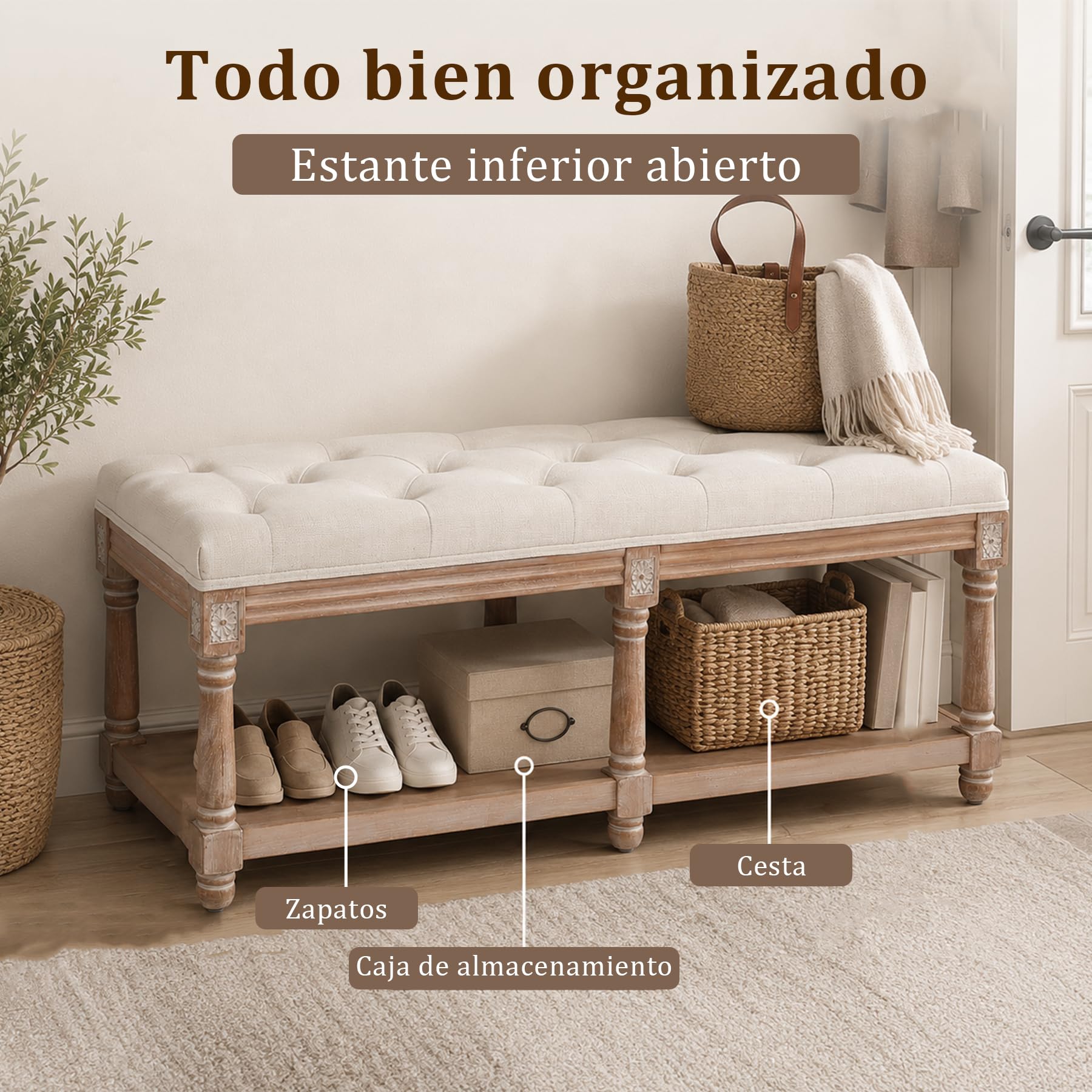 Banco Tapizado con Almacenamiento, Banco de Cama, 2 Plazas