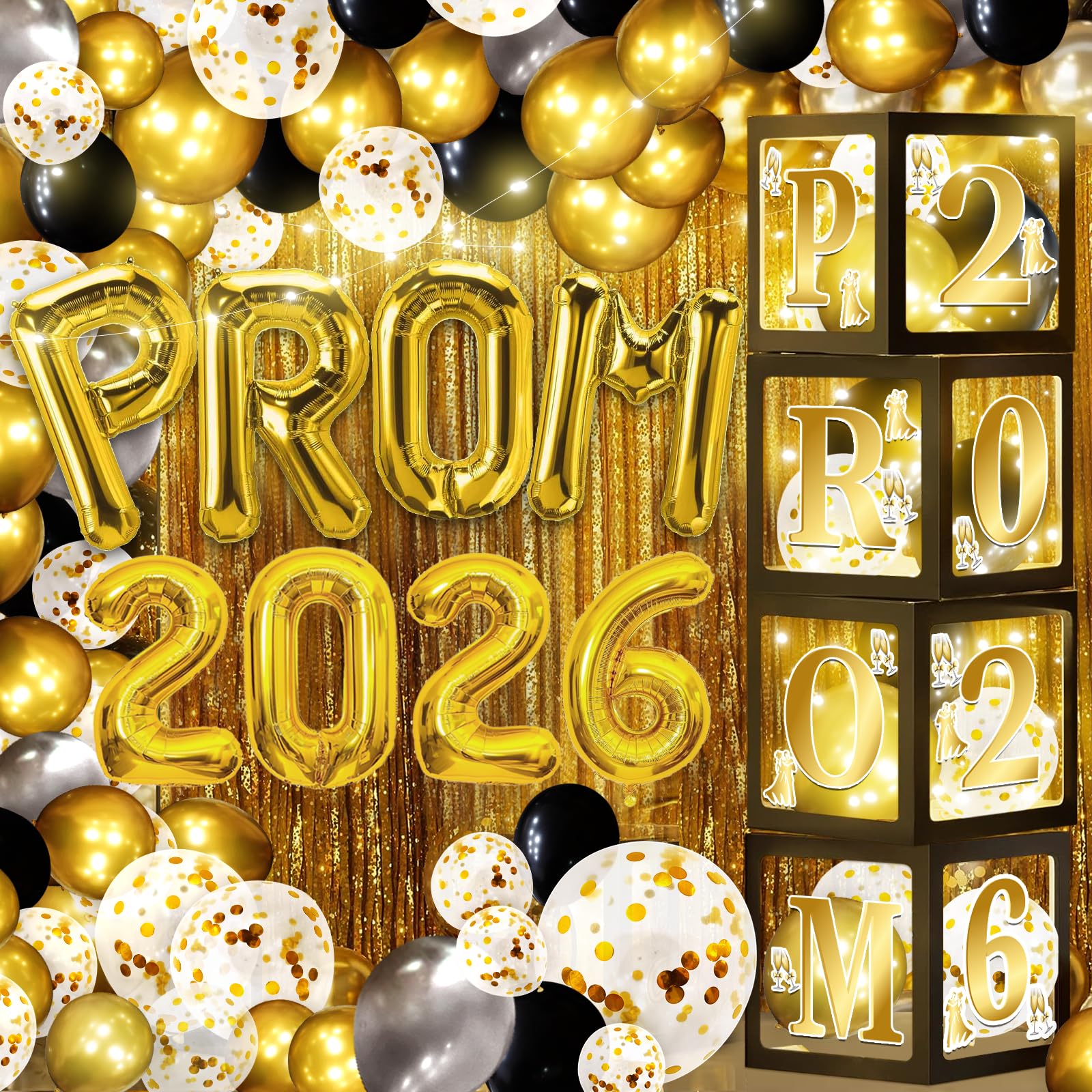Photo 1 of 100Pcs Prom 2026 Balloon Boxes Decorations with LED Lights Black and Gold Prom Decorations for Party 2026 Graduation Party Supplies