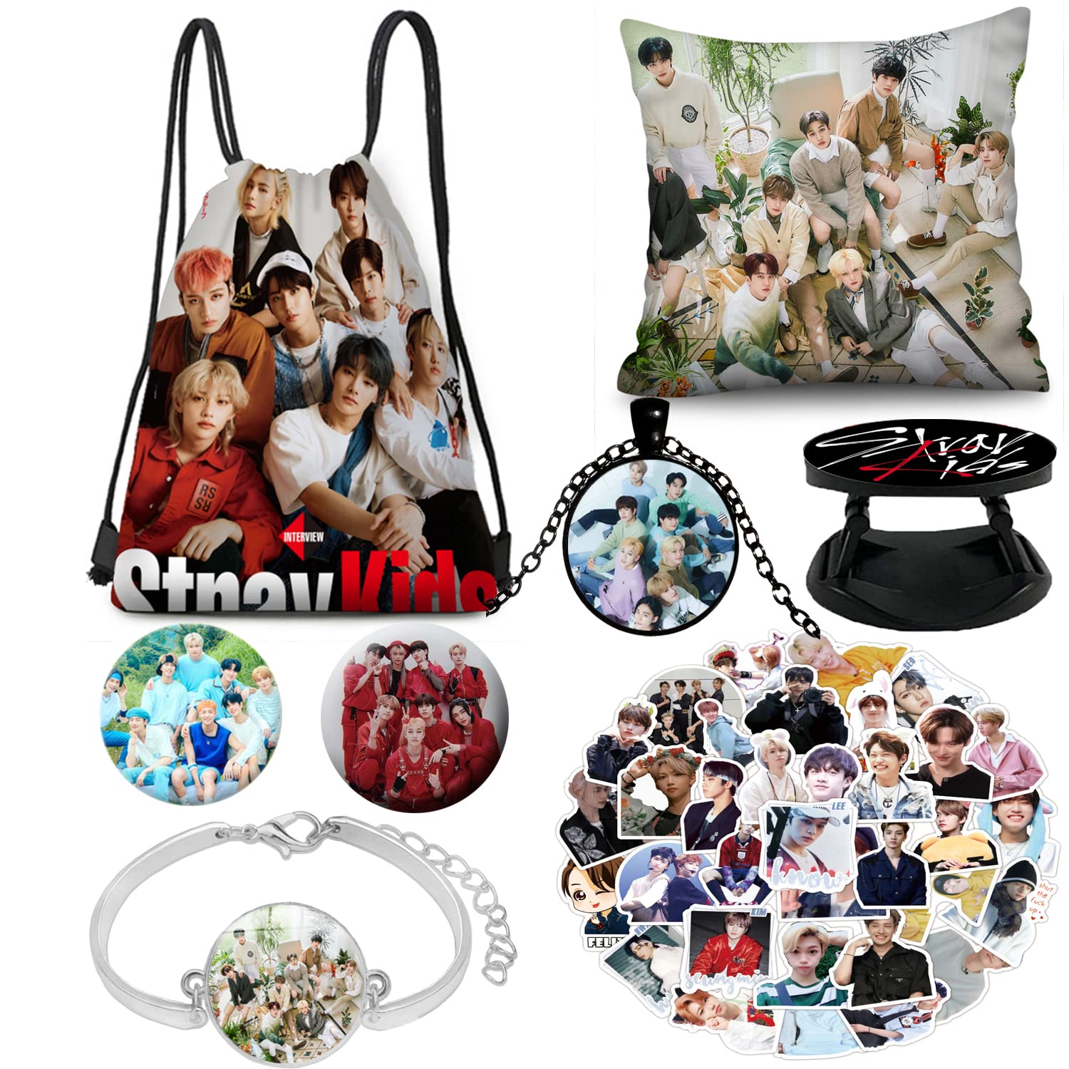 Stry Kids Gift Set Drawstring Bag Backpack Button Pin 50PCS Stickers Necklace Pillow Case Bracelet Phone Holder for Fans