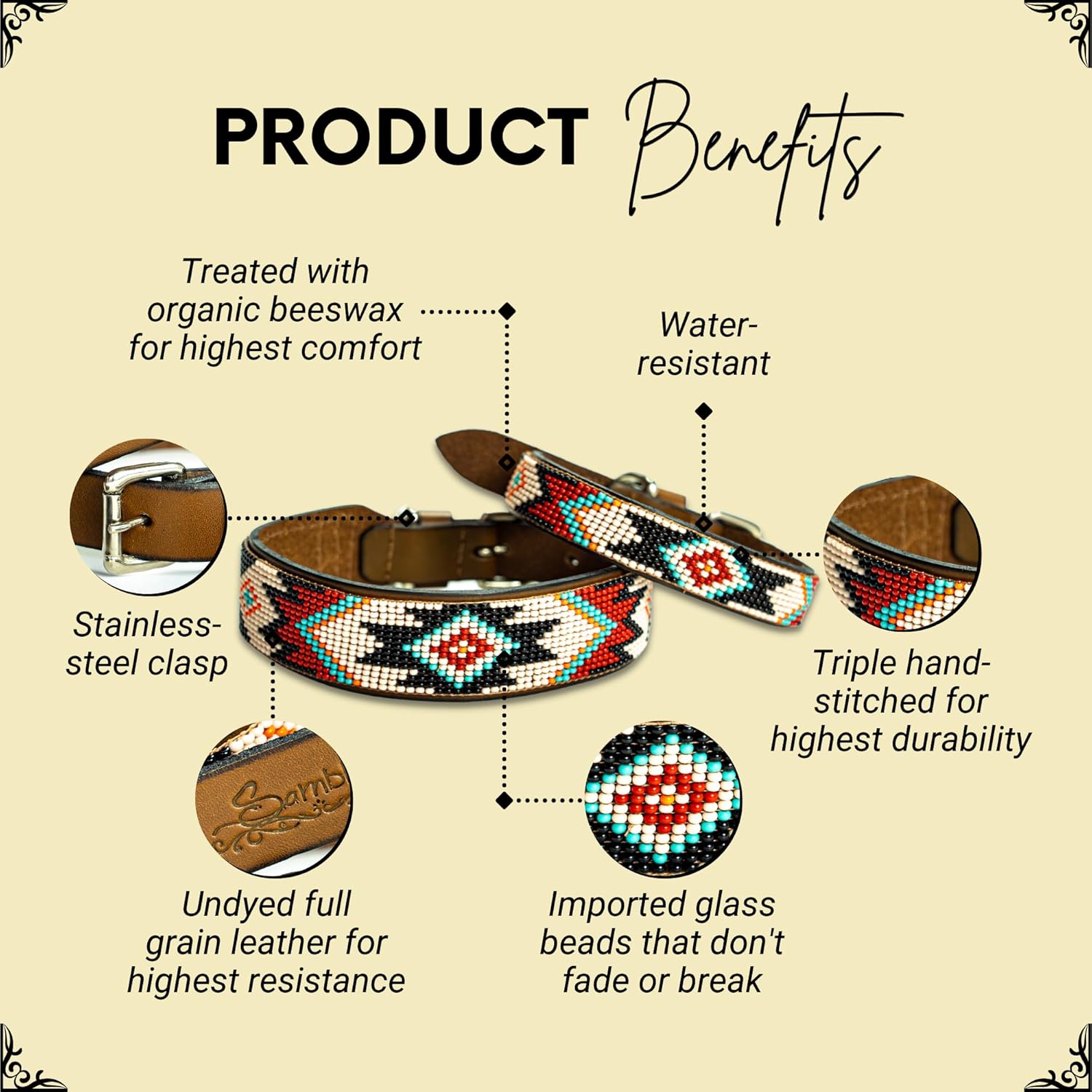 Sambboho - Phoenix Dog Collar - All Natural Handmade Soft Leather Dog Collar w/Durable Hand Stitched Beads and Embroidery for All Dogs (20-22)