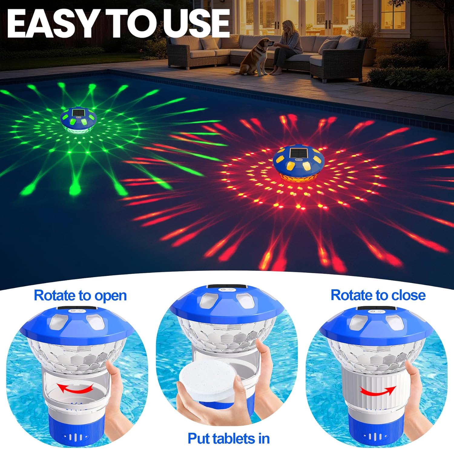 KingSom 2026 Upgraded Pool Chlorine Floater,Solar Chlorine Floater w/Lights,Button Control Chlorine Floater,Large Capacity Floating Chlorine Dispenser,Chlorine Floater w/Adjustable Release-Blue