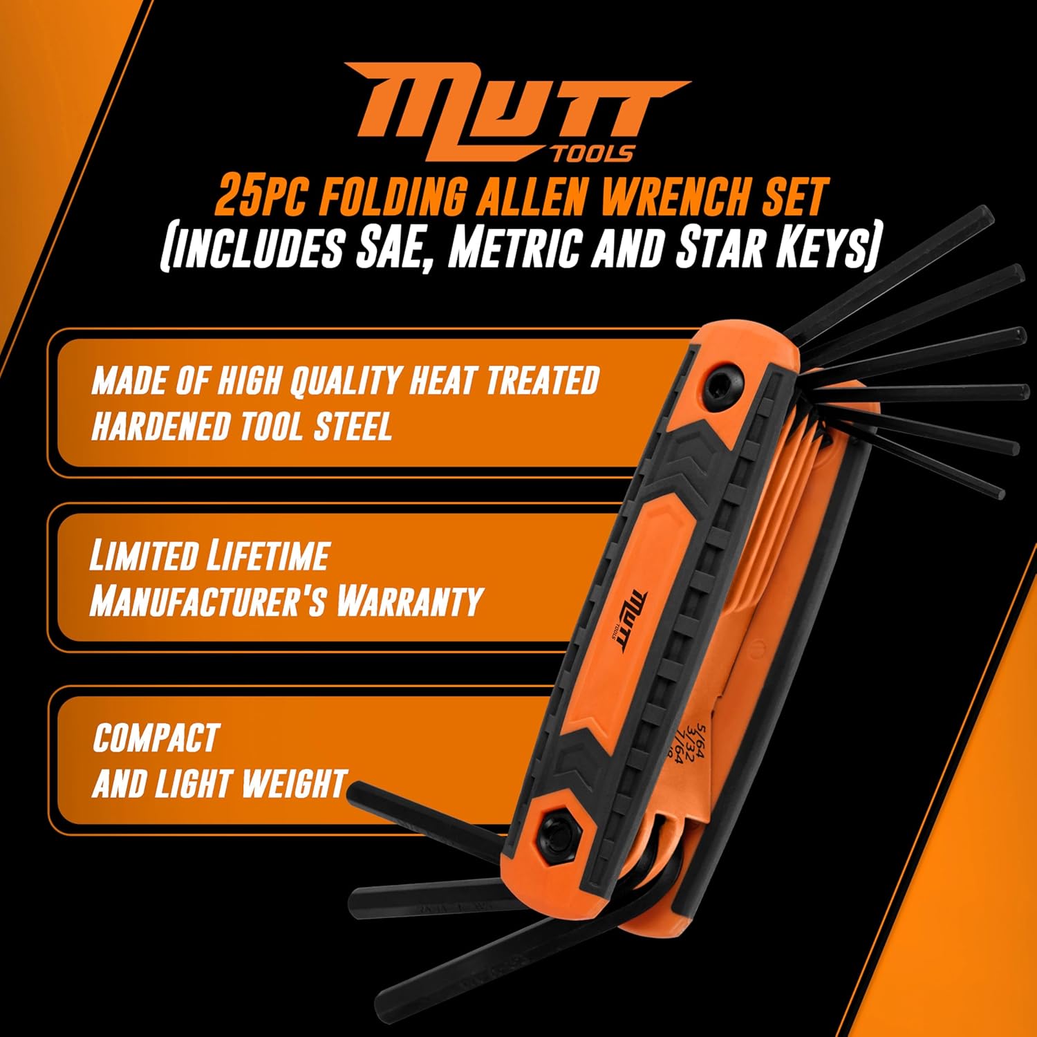 Mutt Tools 25pc Folding Allen Key Set – Compact SAE & Metric Tool for Bikes, DIY, Archery – Color-Coded, Allen Wrenches Sets Stamped with Sizing Info