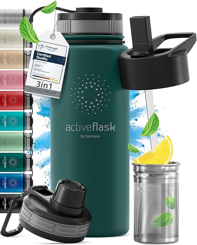 Gourde Inox Isotherme ACTIVE FLASK 1l/500ml sans BPA + Paille (3 Bouchons) | Bouteille d’eau Acier I