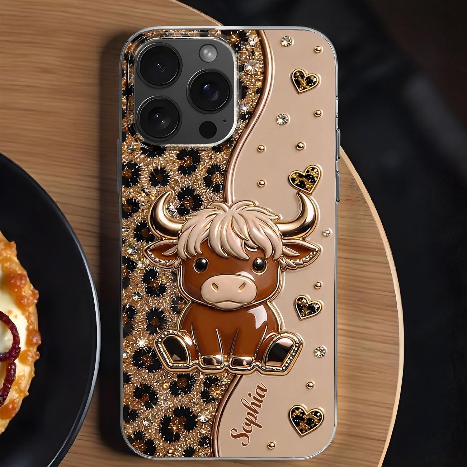 Personalized Leopard Print Phone Case for Women, Cute Highland Cow Cheetah Print Accessories, Custom Leopard 14 15 16 17 Promax Phone Cover, Leopard-Print Gifts for Women