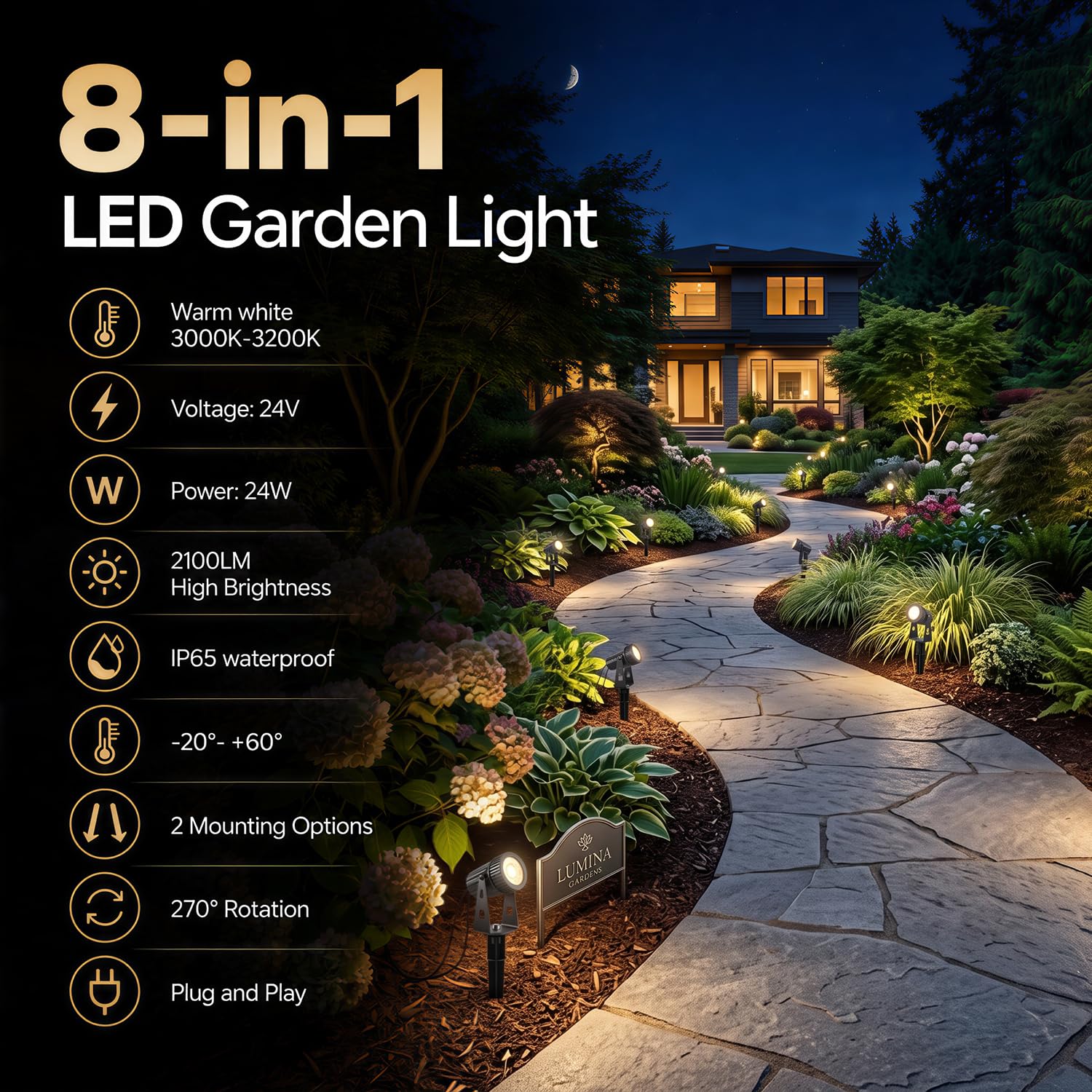 Lam(MS) pen 8 éclairage de jardin LED projecteur de jardin 24V 24W blanc chaud éclairage de LED avec lampe de à piquet de sol pour arbre extérieur, IP65 étanche