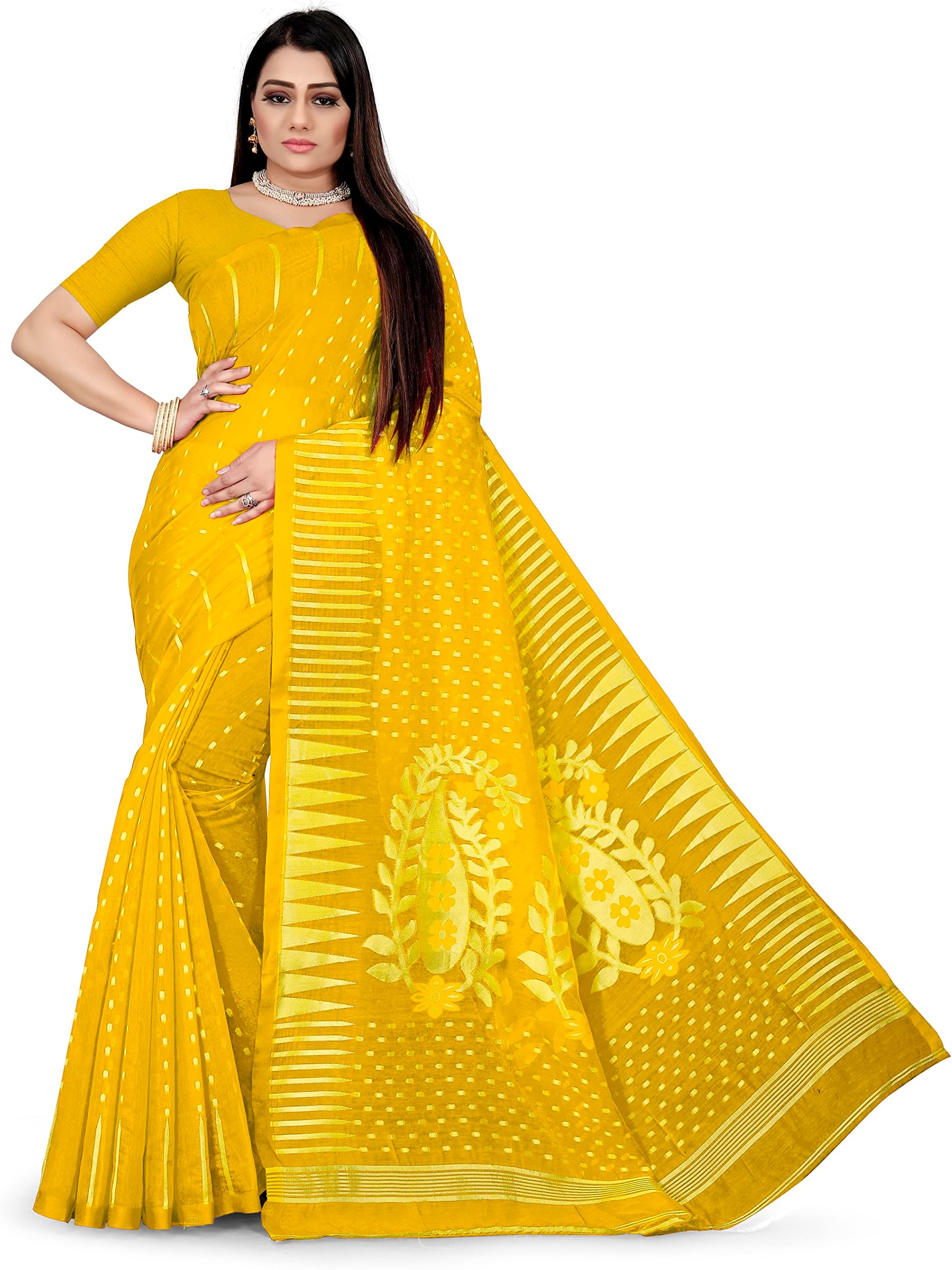 knvi fashion Women's Cotton Blend Banarasi Saree with Unstitched Blouse Piece (QGD-T-138_Yellow)