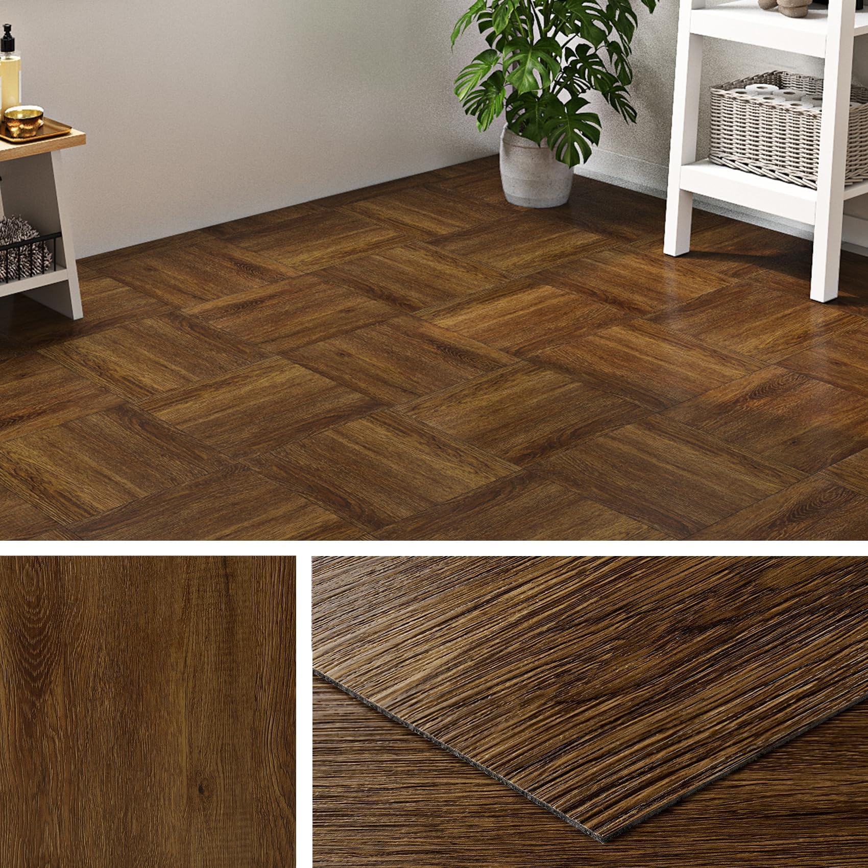 Livelynine Vinyl Flooring Tiles Brown Wood Effect 30x30CM Floor Tiles Self Adhesive Bathroom Waterproof Stick on Flooring Tile for Kitchen Peel and Stick Floor Tile Dark Wood for Living Room, 4 PCS
